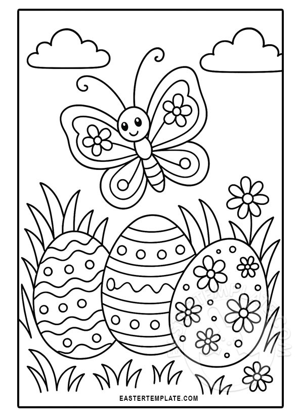 Butterfly flying over Easter eggs coloring page printable for kids.