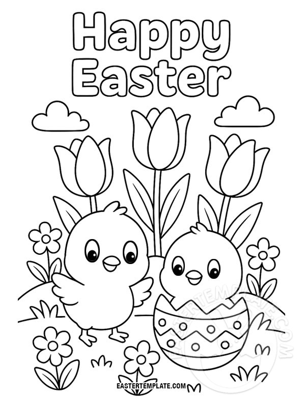 Chicks and tulips in the Easter garden coloring page 1 chicks and tulips 1
